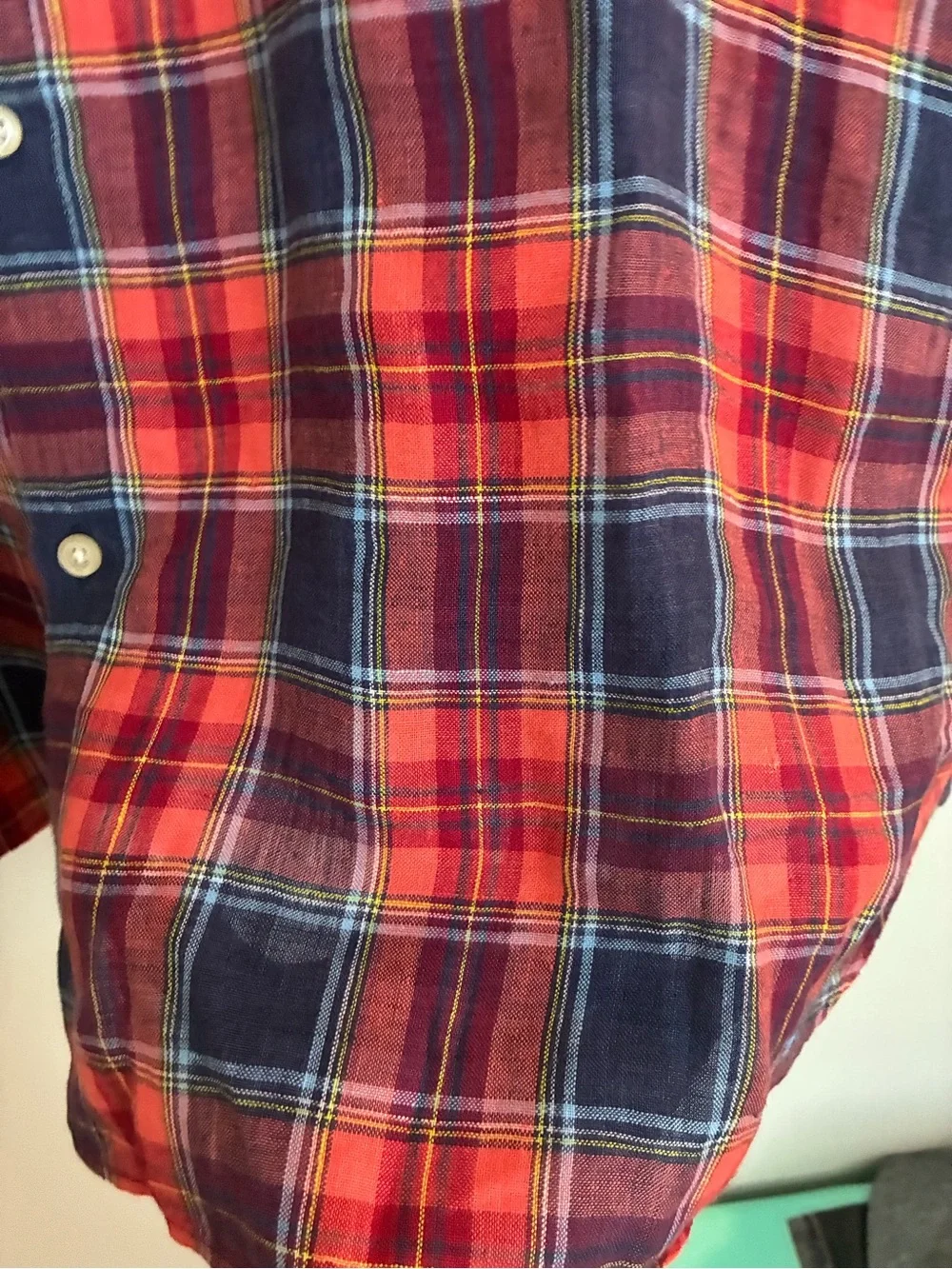 Banana Republic Red & Navy Linen Plaid Camben Fit short sleeve shirt xl tall